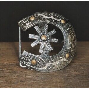 Western Horseshoe Spinner Belt Buckle Engraved Silver Brass Tone Cowboy Rodeo